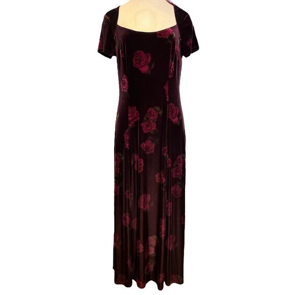 VTG 90s Square Neck Rose Print Maxi Dress Sz 10 Red Pink Floral Whimsygoth 90s - Picture 1 of 7